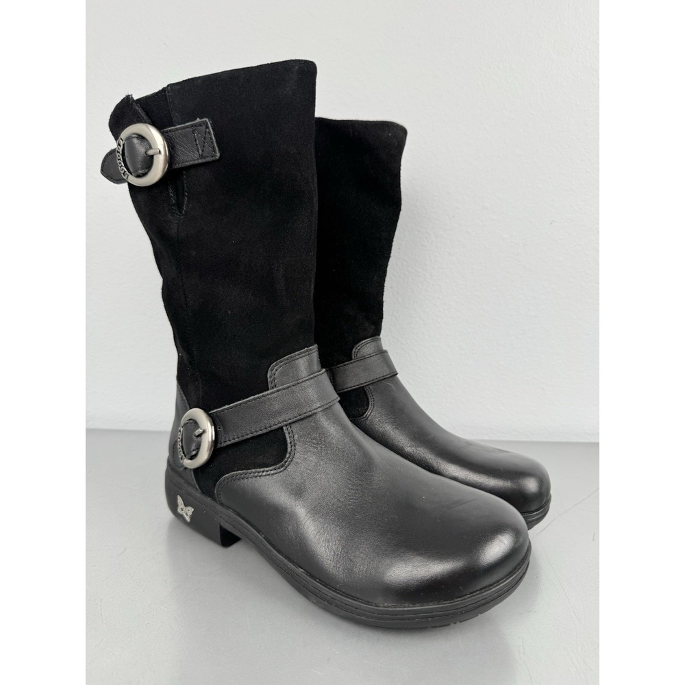 Alegria Boots Womens 8 / 38 Black Suede Leather Buckle Biker Moto Zip Mid Calf
